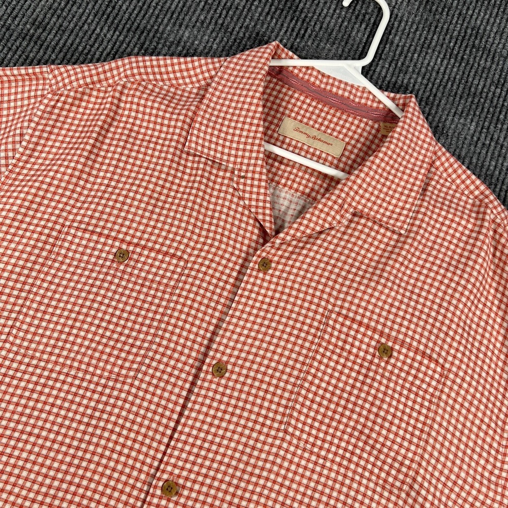 Tommy Bahama Shirt Mens XLX Extra Large Orange Check Short Sleeve Button Up Silk